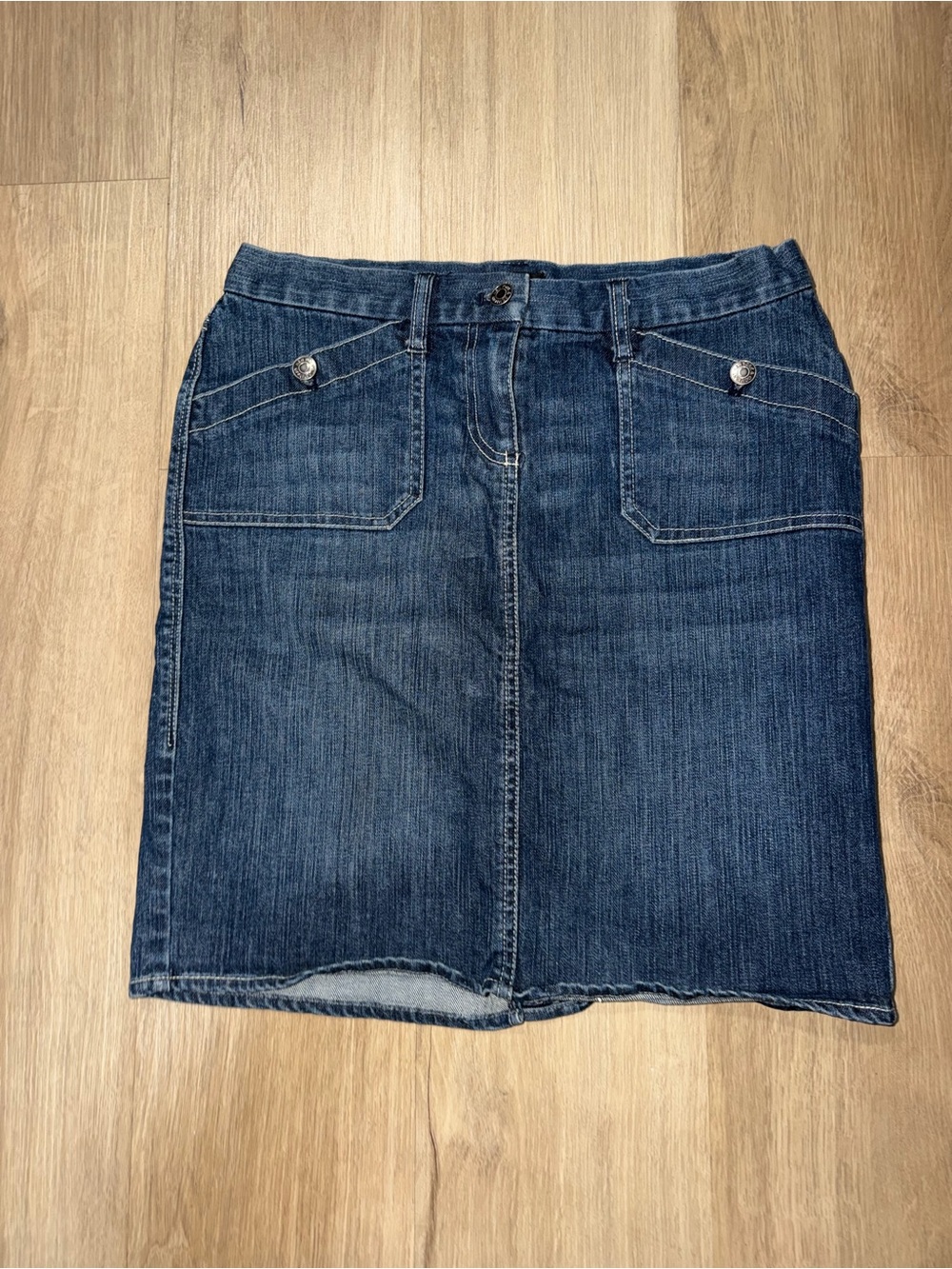 New York & Company Dark Blue Denim Mini Skirt with Front Pockets